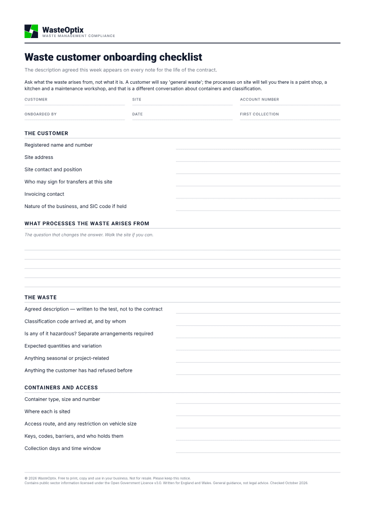 First page of the Waste customer onboarding checklist PDF