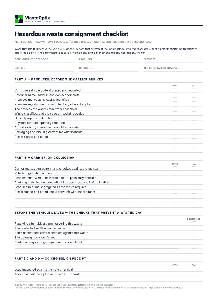 First page of the Hazardous waste consignment checklist PDF
