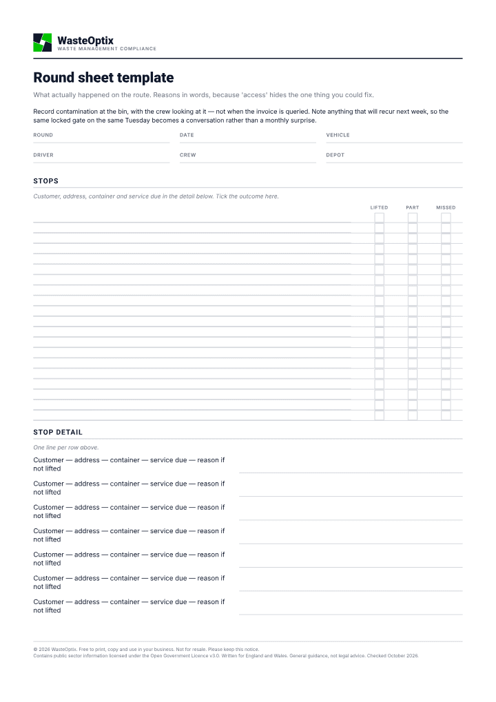 First page of the Round sheet template PDF
