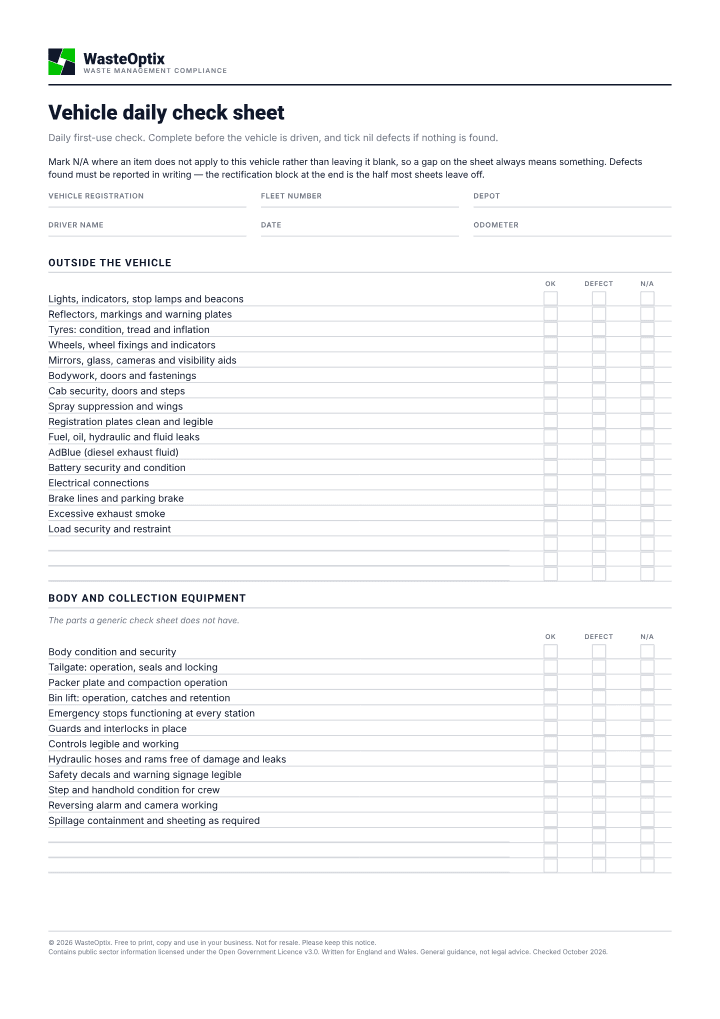 First page of the Vehicle daily check sheet PDF