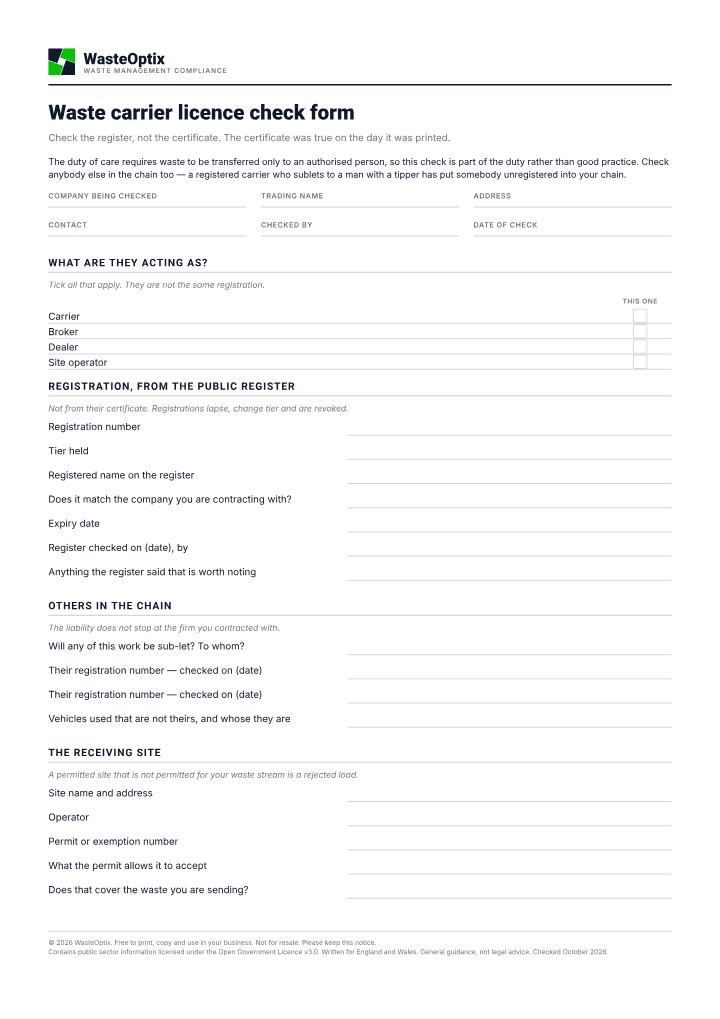 First page of the Waste carrier licence check form PDF