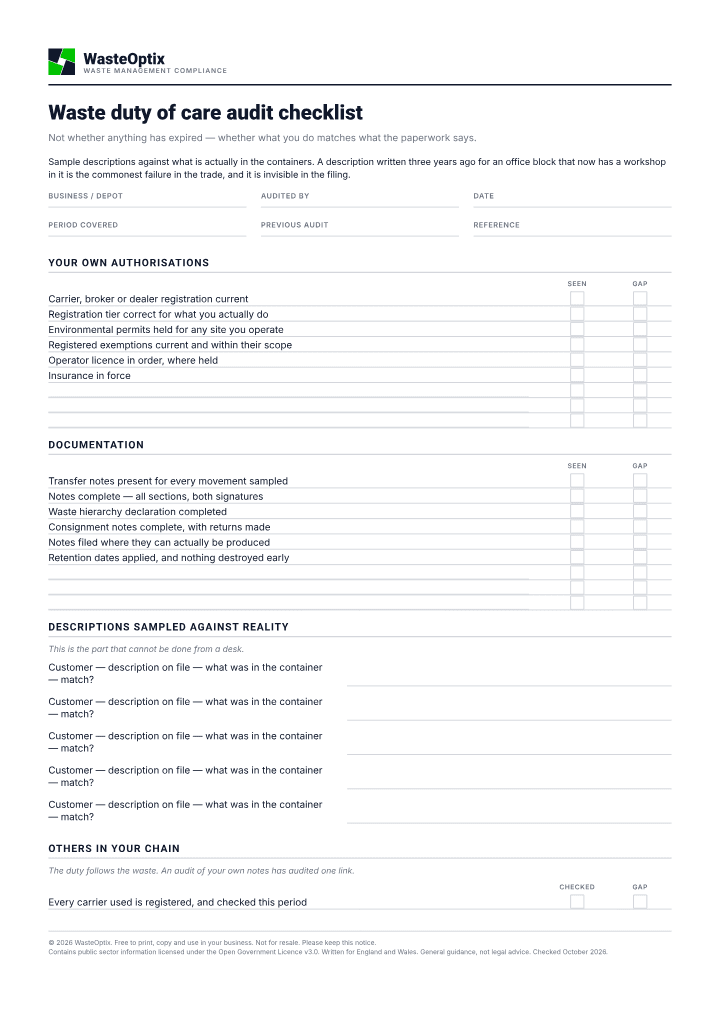 First page of the Waste duty of care audit checklist PDF