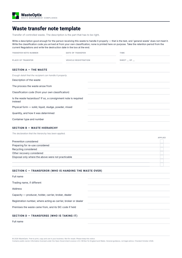 First page of the Waste transfer note template PDF