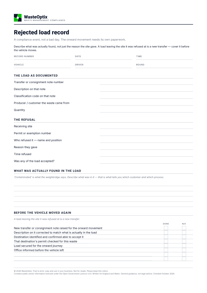 First page of the Rejected load record PDF