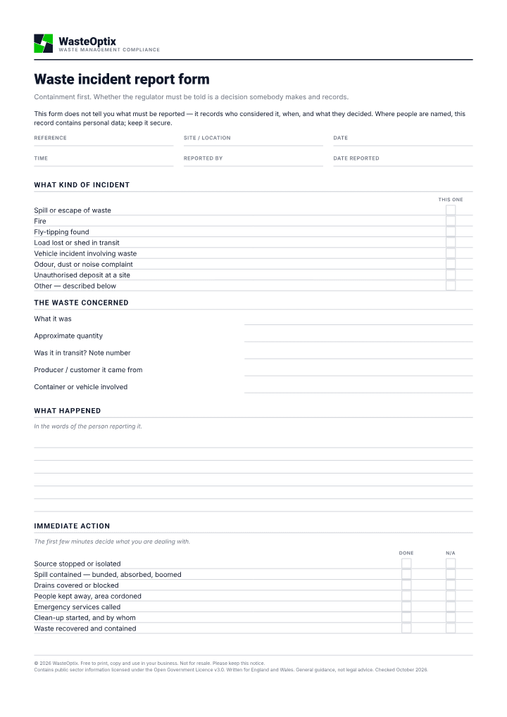 First page of the Waste incident report form PDF